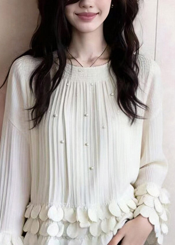 Elegant White O-Neck Nail Bead Patchwork Top Fall