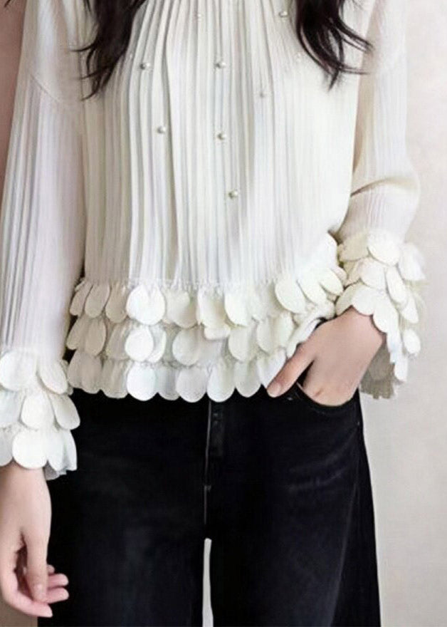 Elegant White O-Neck Nail Bead Patchwork Top Fall