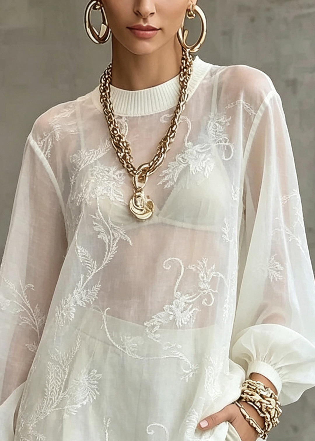 Elegant White O-Neck Patchwork Top Lantern Sleeve