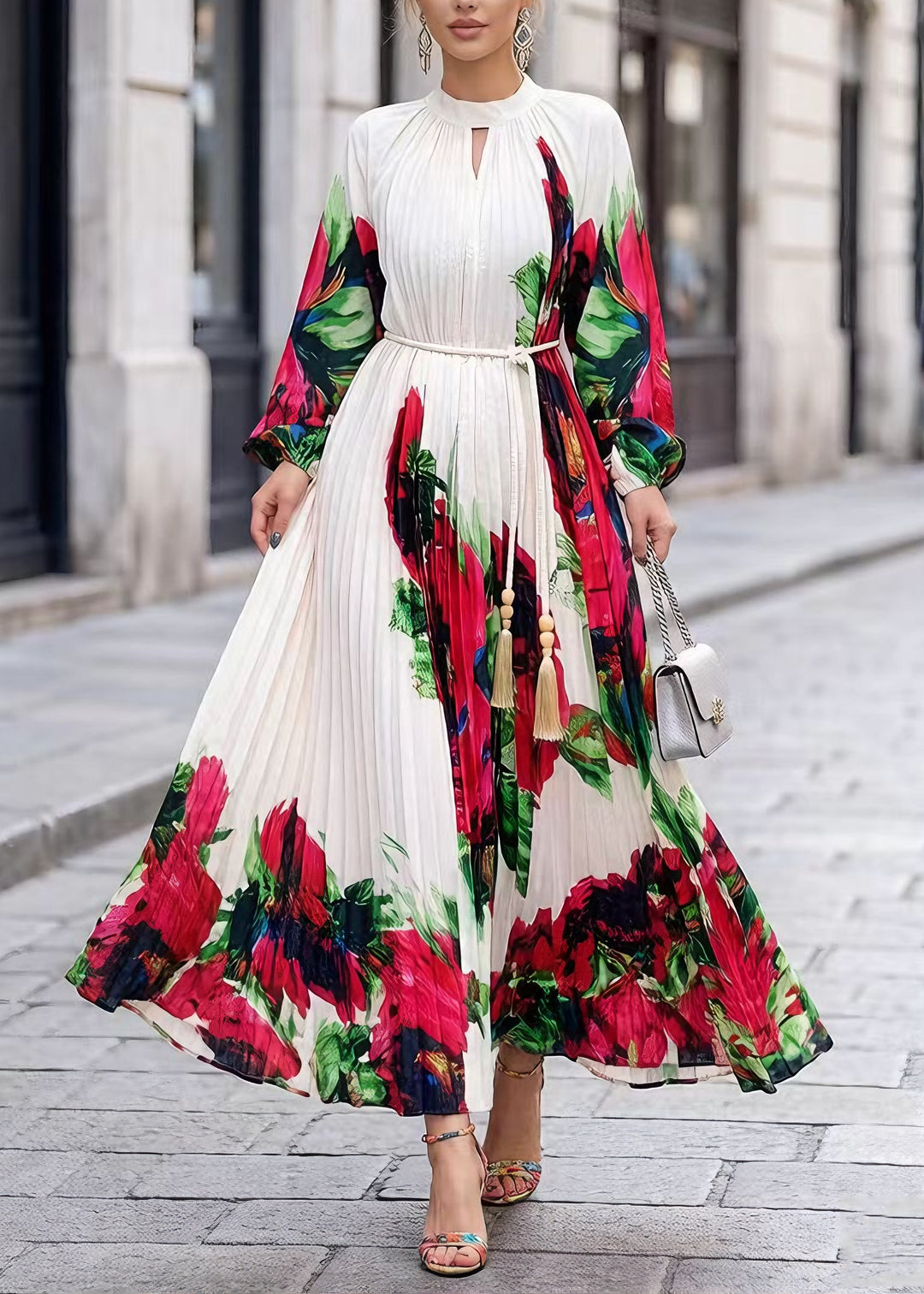 Elegant White O Neck Print Chiffon Maxi Dresses Spring