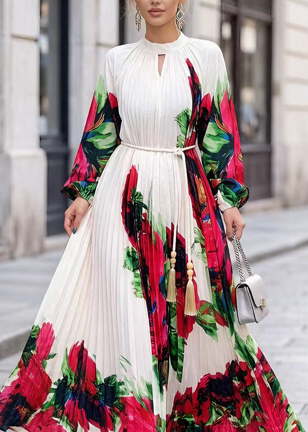 Elegant White O Neck Print Chiffon Maxi Dresses Spring