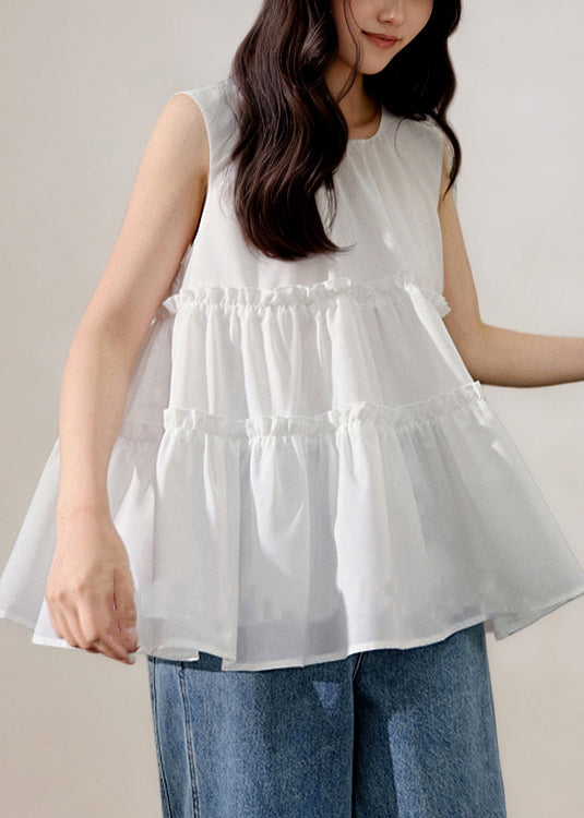Elegant White O-Neck Ruffled Cotton Tanks Sleeveless