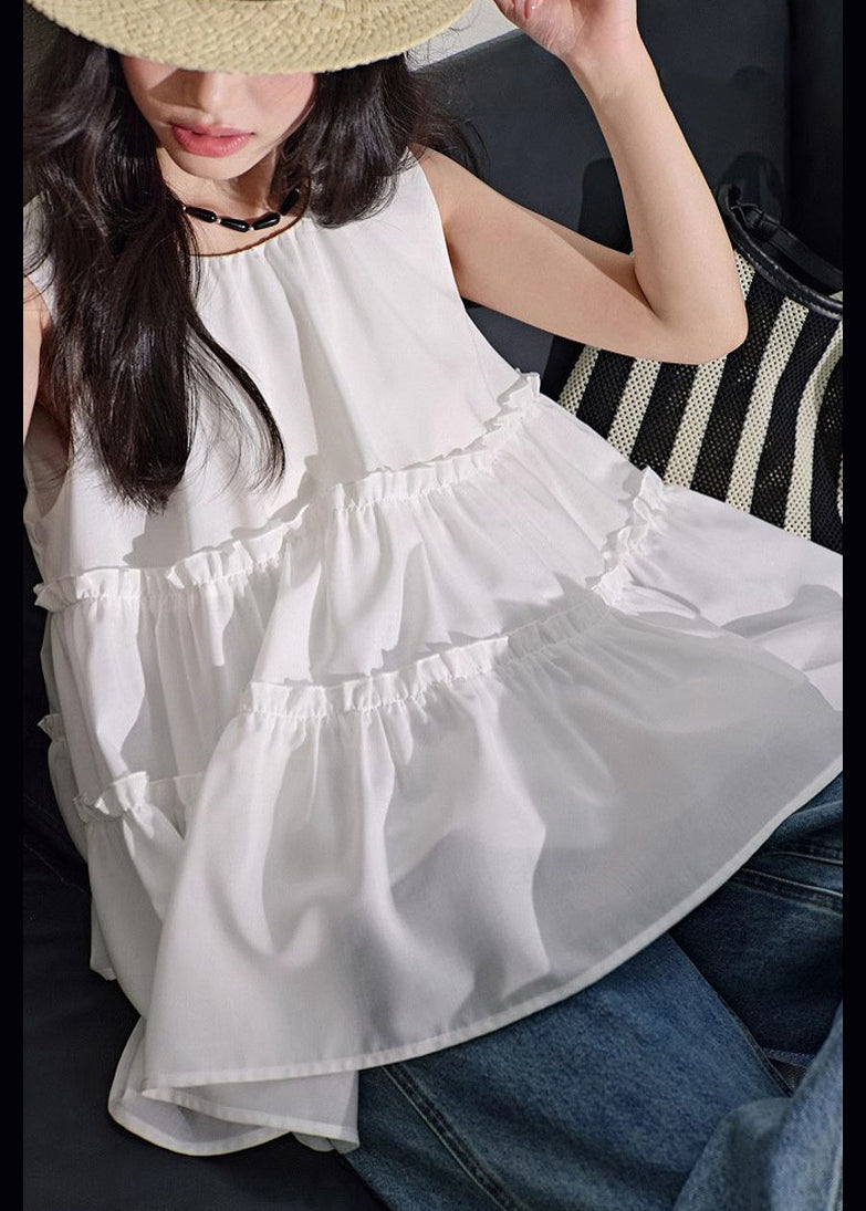 Elegant White O-Neck Ruffled Cotton Tanks Sleeveless