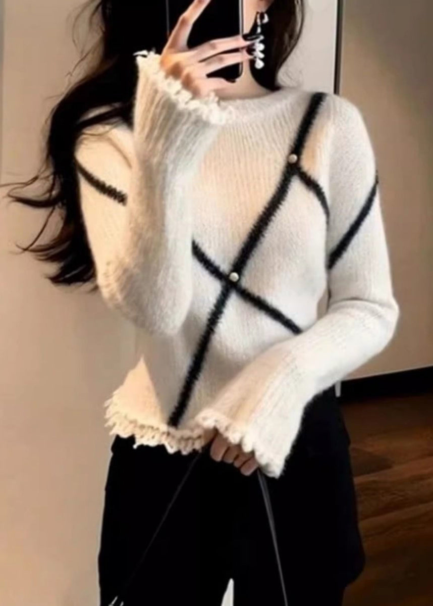 Elegant White O-Neck Striped Pearl Cotton Knit Sweater Flare Sleeve