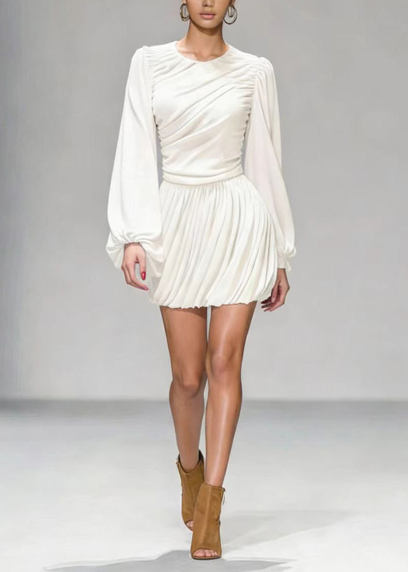 Elegant White O Neck Wrinkled Patchwork Mid Dress Lantern Sleeve