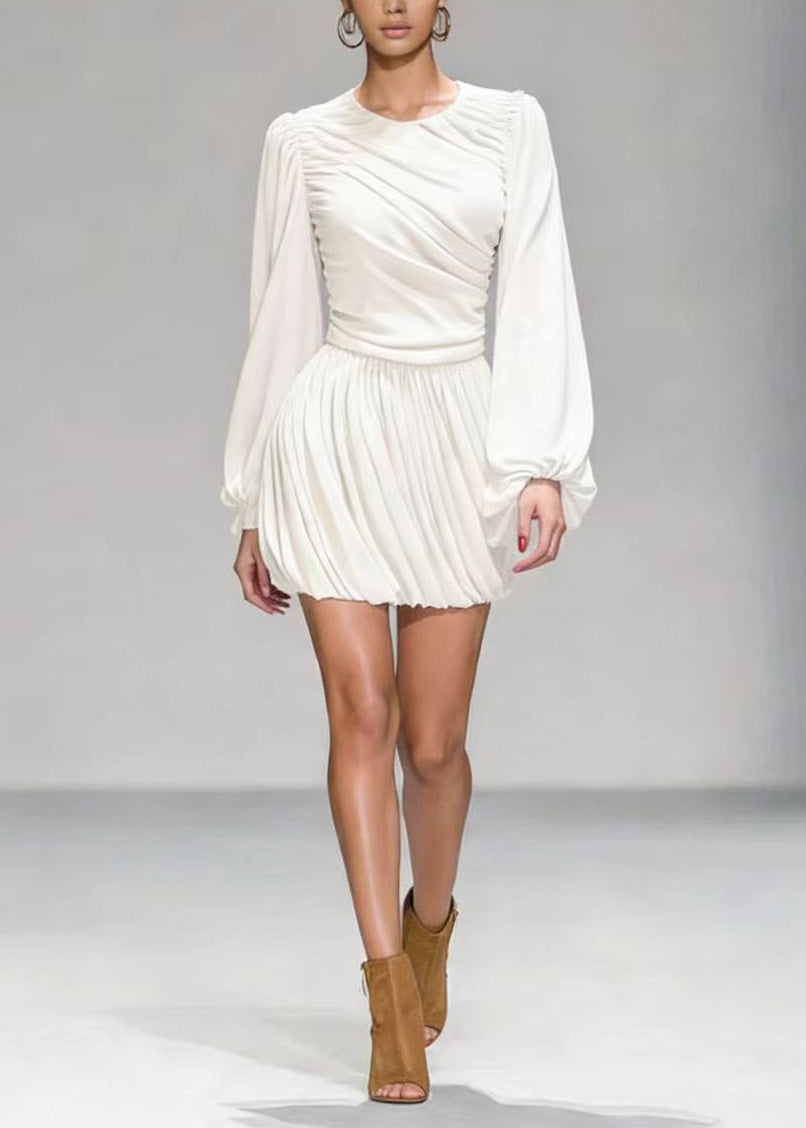 Elegant White O Neck Wrinkled Patchwork Mid Dress Lantern Sleeve