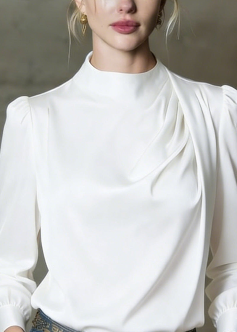 Elegant White O Neck Wrinkled Silk Shirts Spring