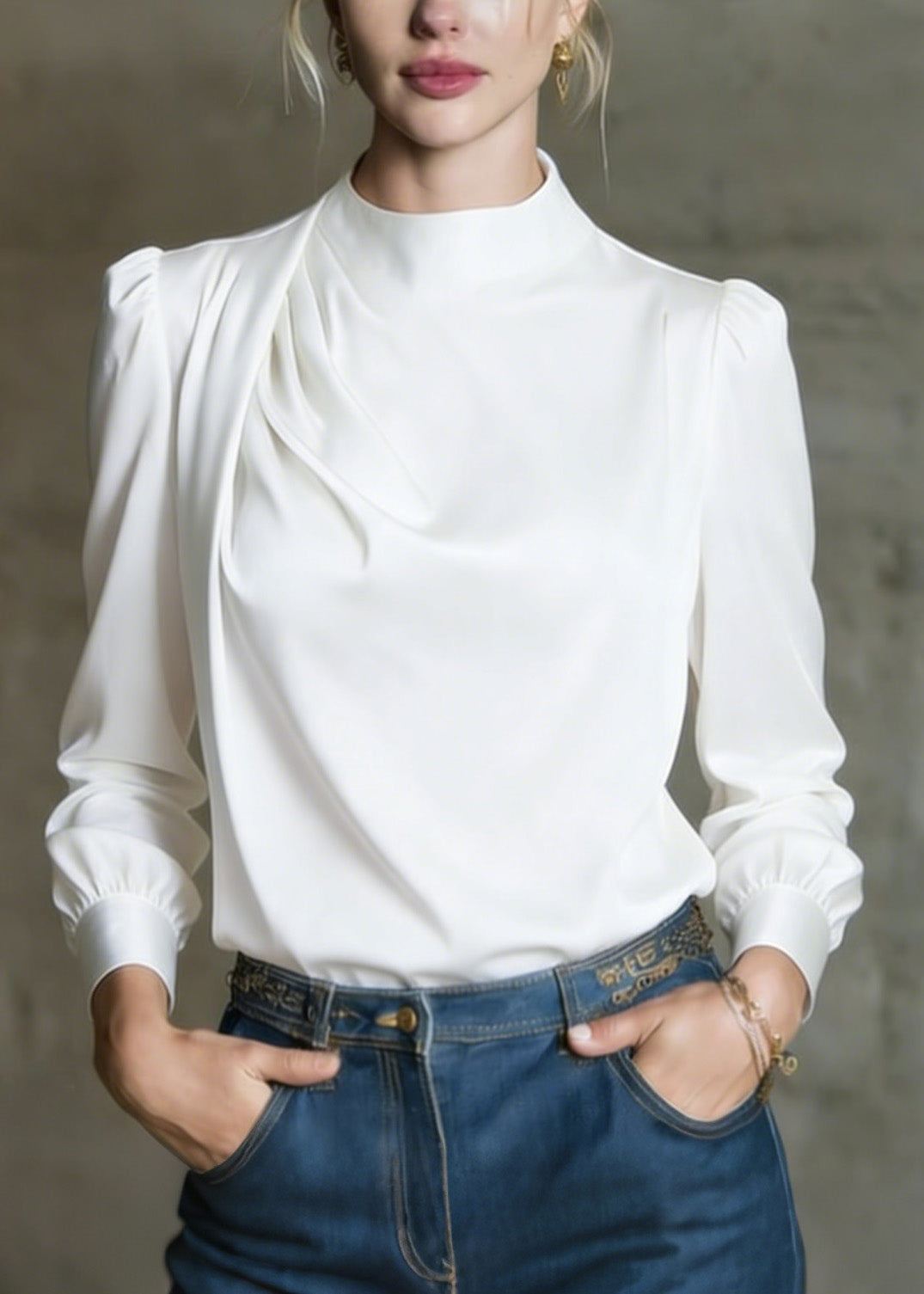 Elegant White O Neck Wrinkled Silk Shirts Spring