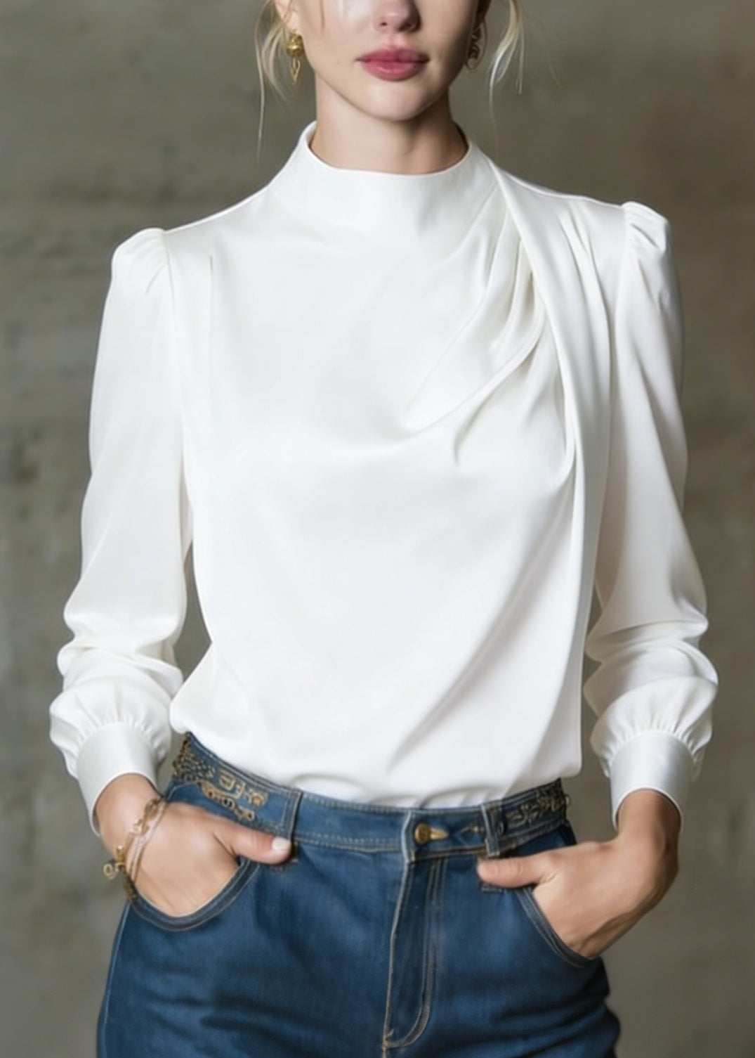 Elegant White O Neck Wrinkled Silk Shirts Spring