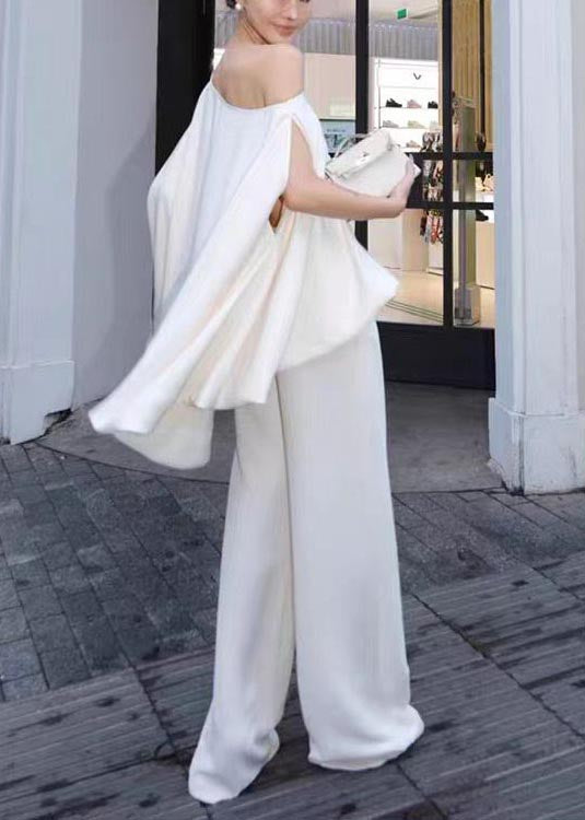 Elegant White One Shoulder Cotton Tops Batwing Sleeve