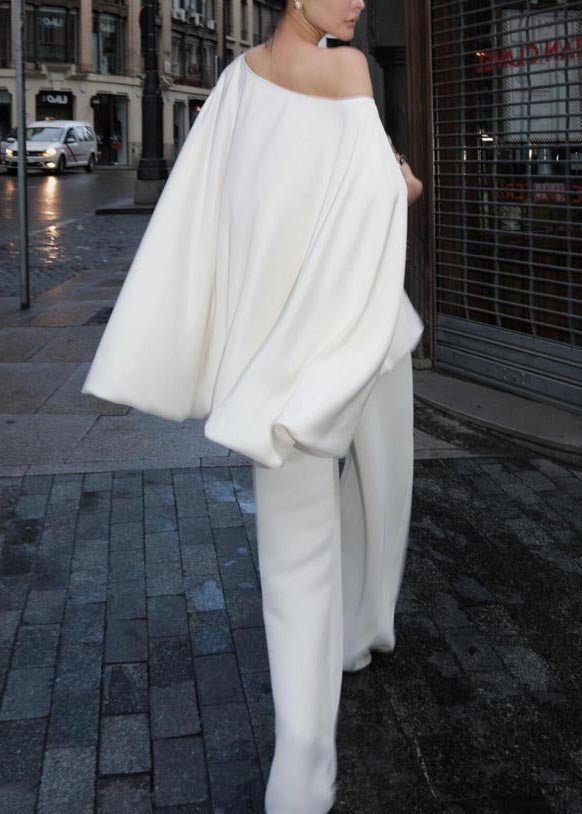Elegant White One Shoulder Cotton Tops Batwing Sleeve