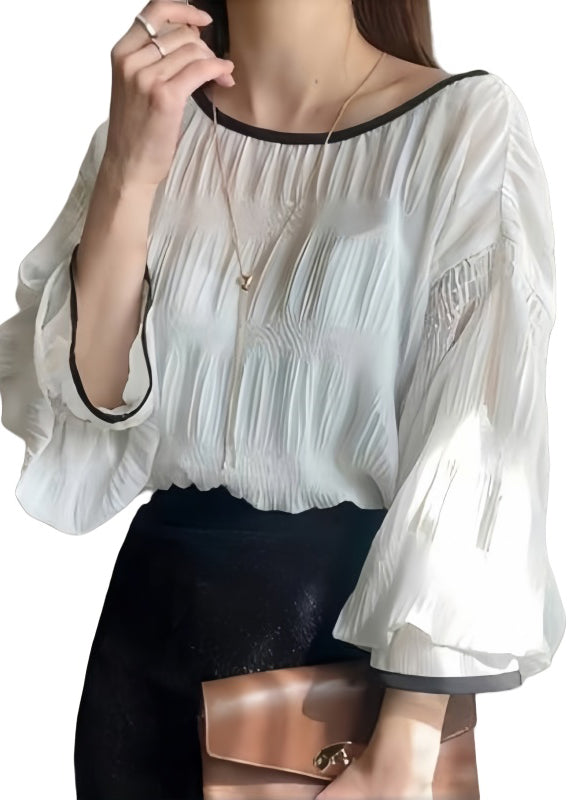 Elegant White Oversized Chiffon Shirt Tops Lantern Sleeve