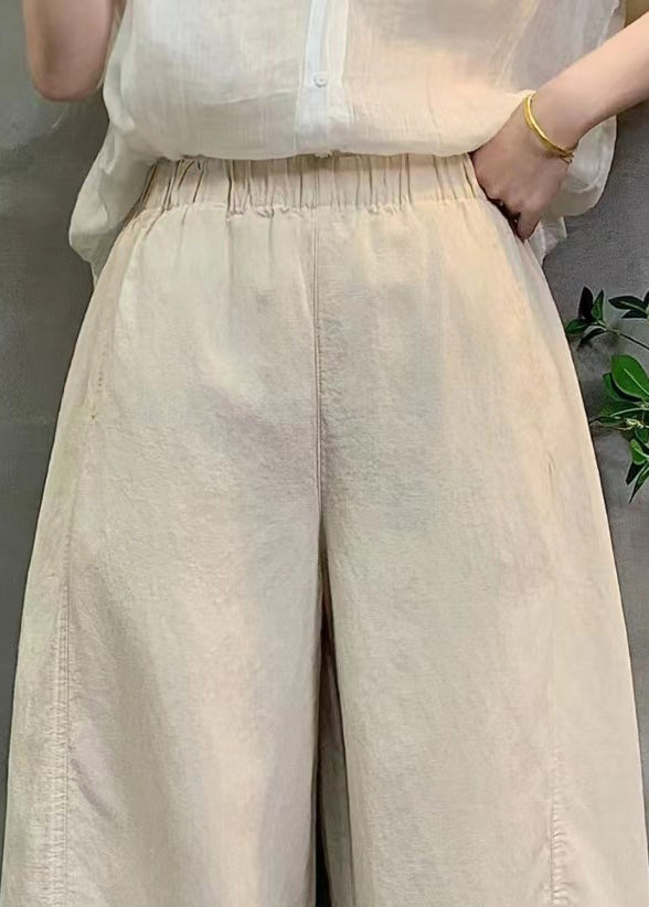 Elegant White Oversized Elastic Waist Linen Pants Summer