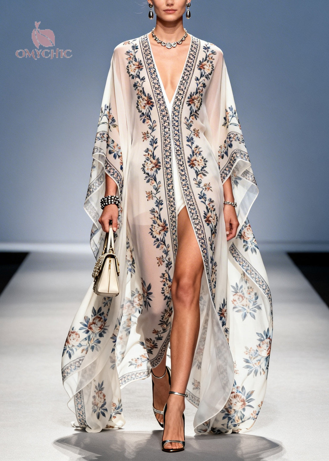 Elegant White Oversized Print Chiffon UPF 50+ Holiday Cardigans Summer