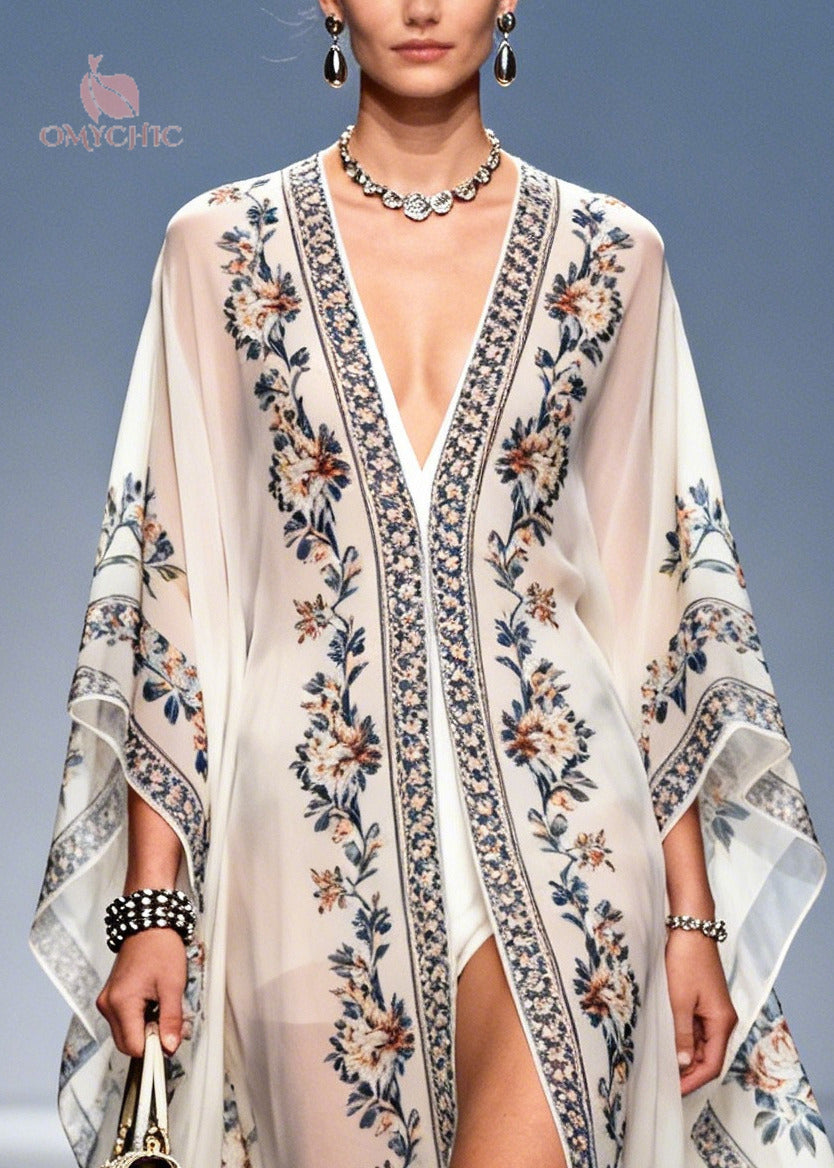 Elegant White Oversized Print Chiffon UPF 50+ Holiday Cardigans Summer