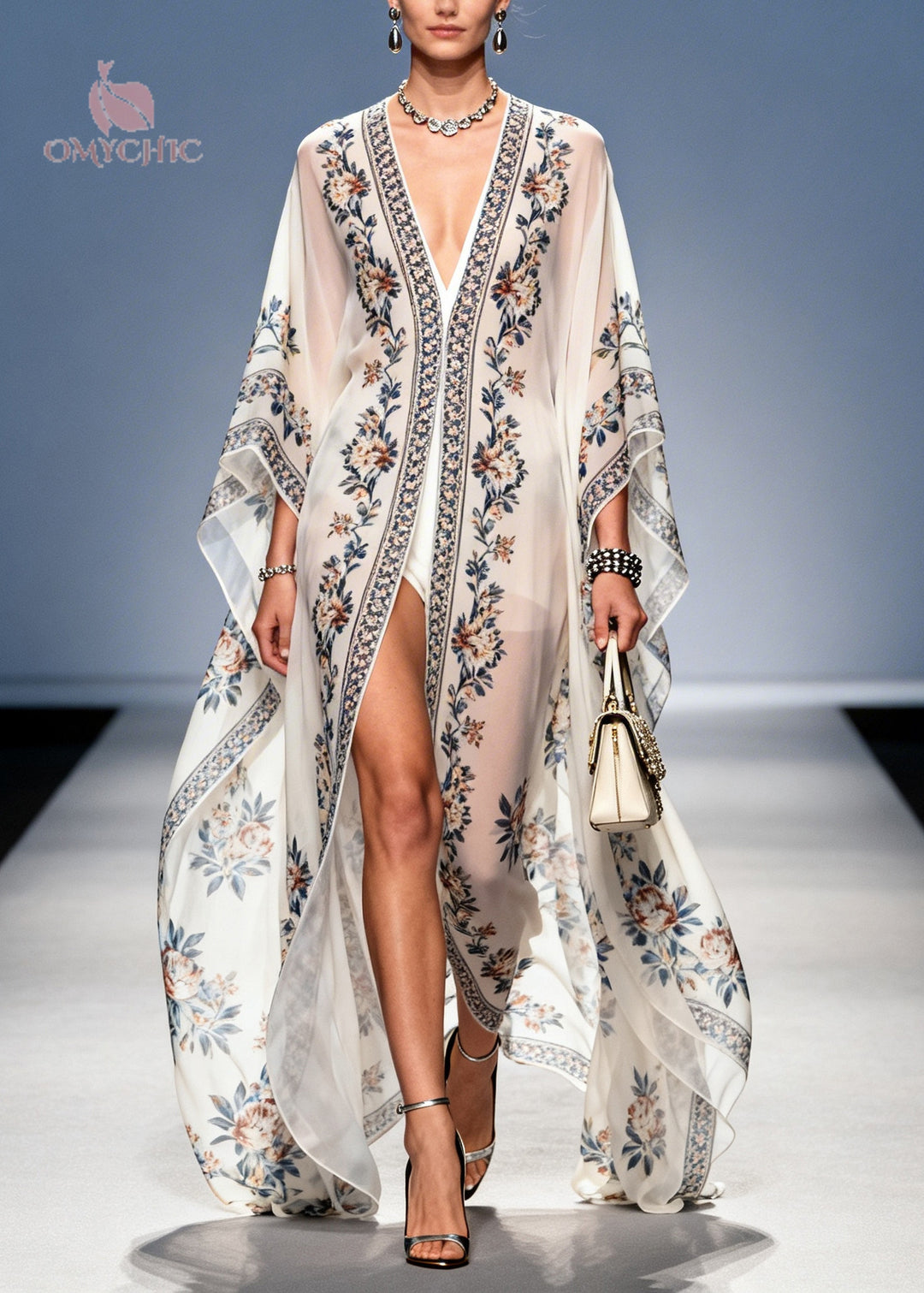 Elegant White Oversized Print Chiffon UPF 50+ Holiday Cardigans Summer