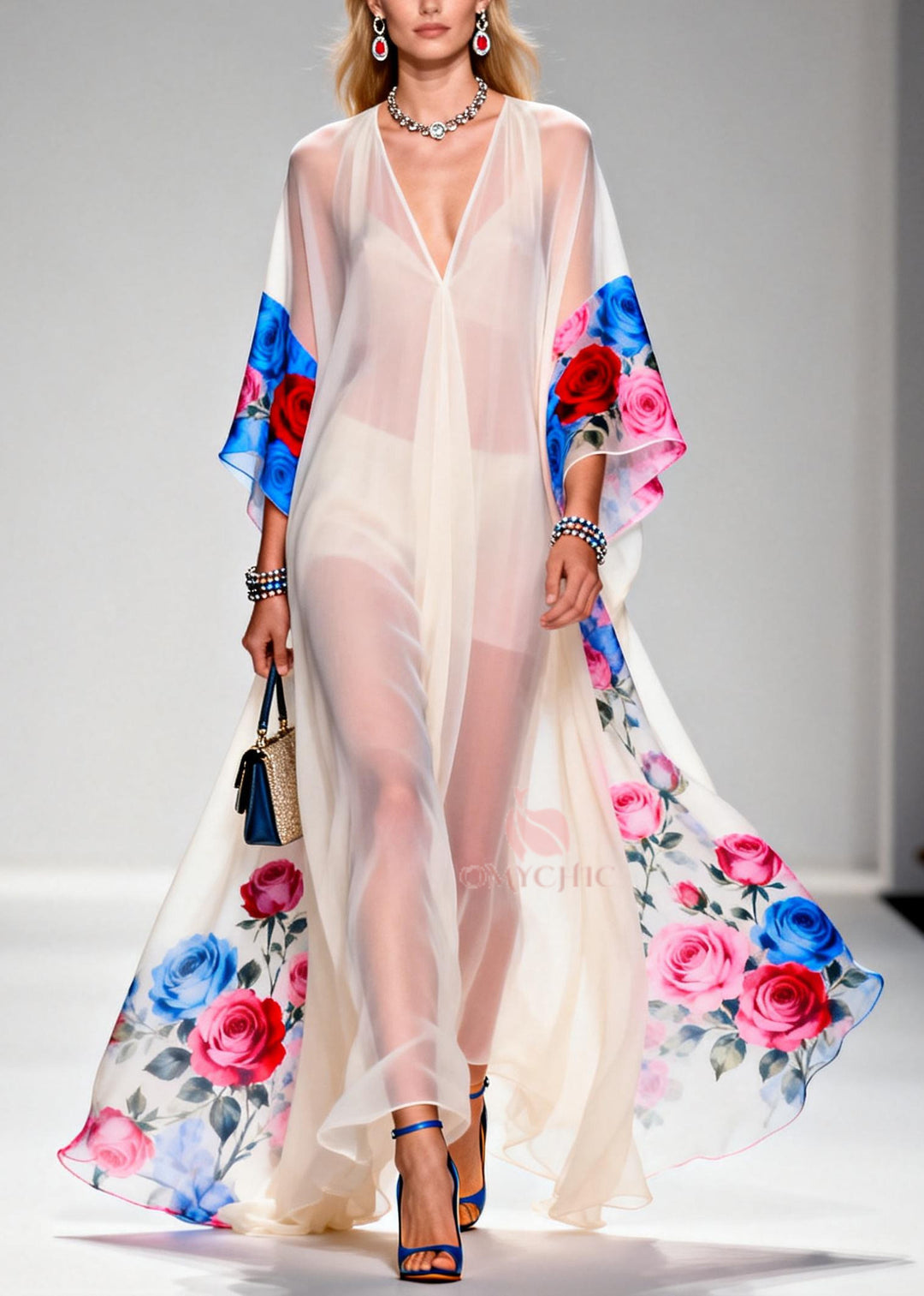 Elegant White Oversized Print Sheer Chiffon Maxi Dresses Summer