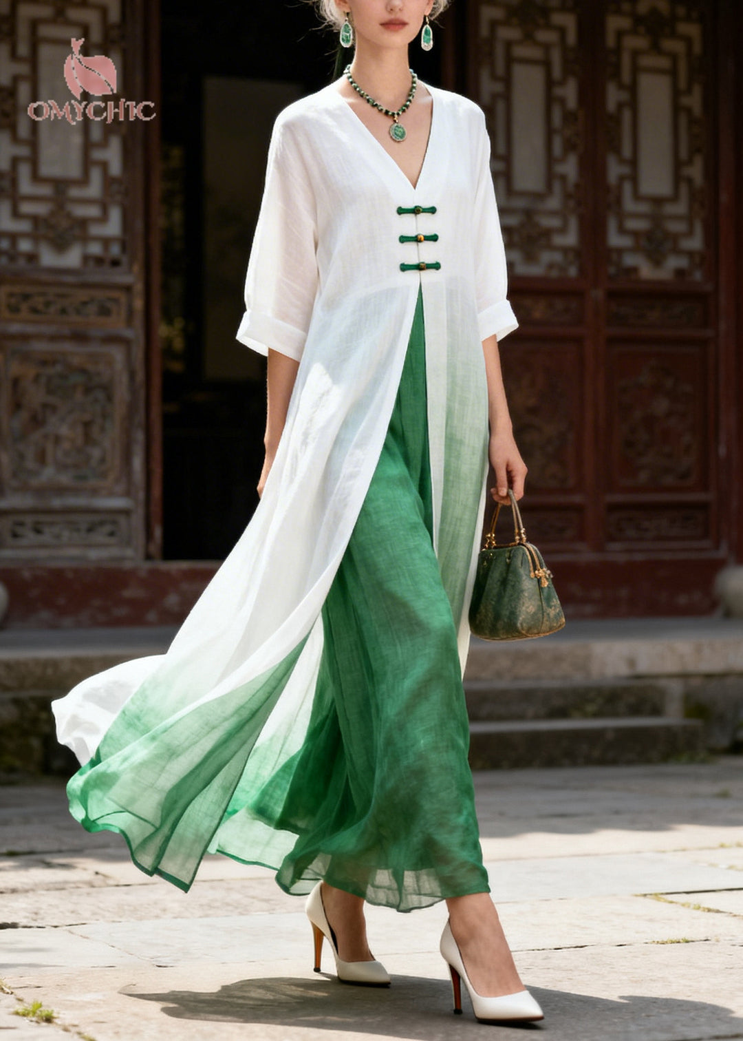 Elegant White Patchwork Chinese Button Cotton Oriental Dresses Summer