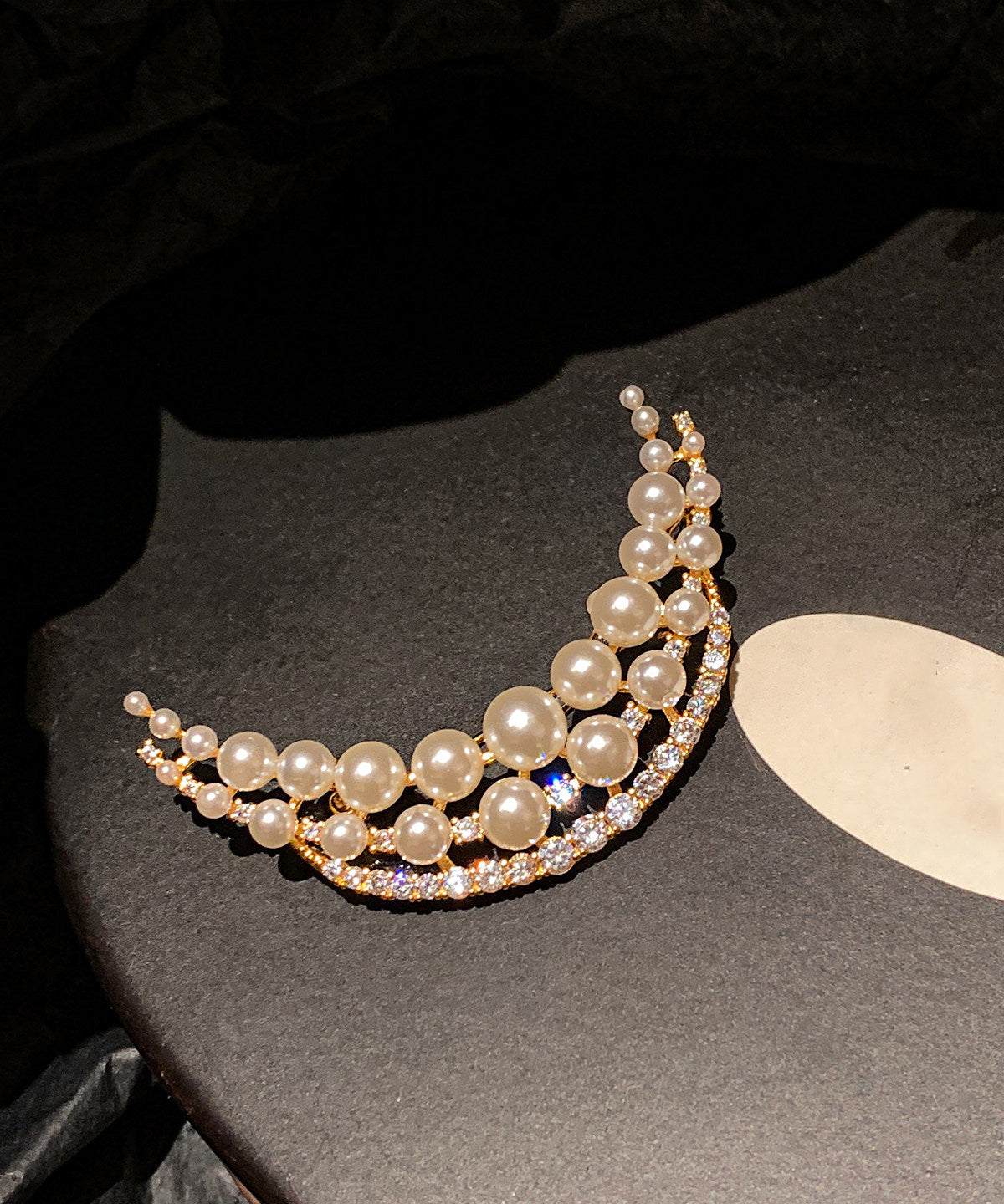 Elegant White Pearl Moon Shaped Fine Zircon Brooch - Omychic