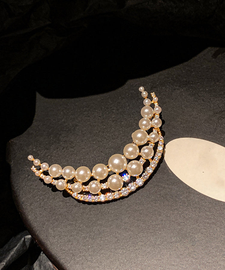 Elegant White Pearl Moon Shaped Fine Zircon Brooch - Omychic