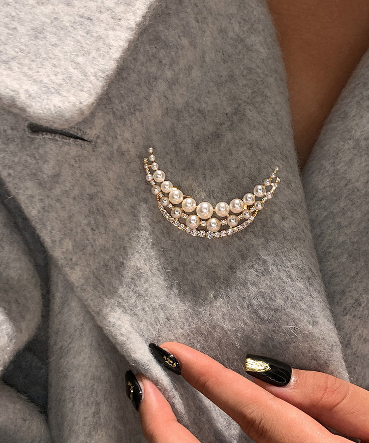 Elegant White Pearl Moon Shaped Fine Zircon Brooch - Omychic
