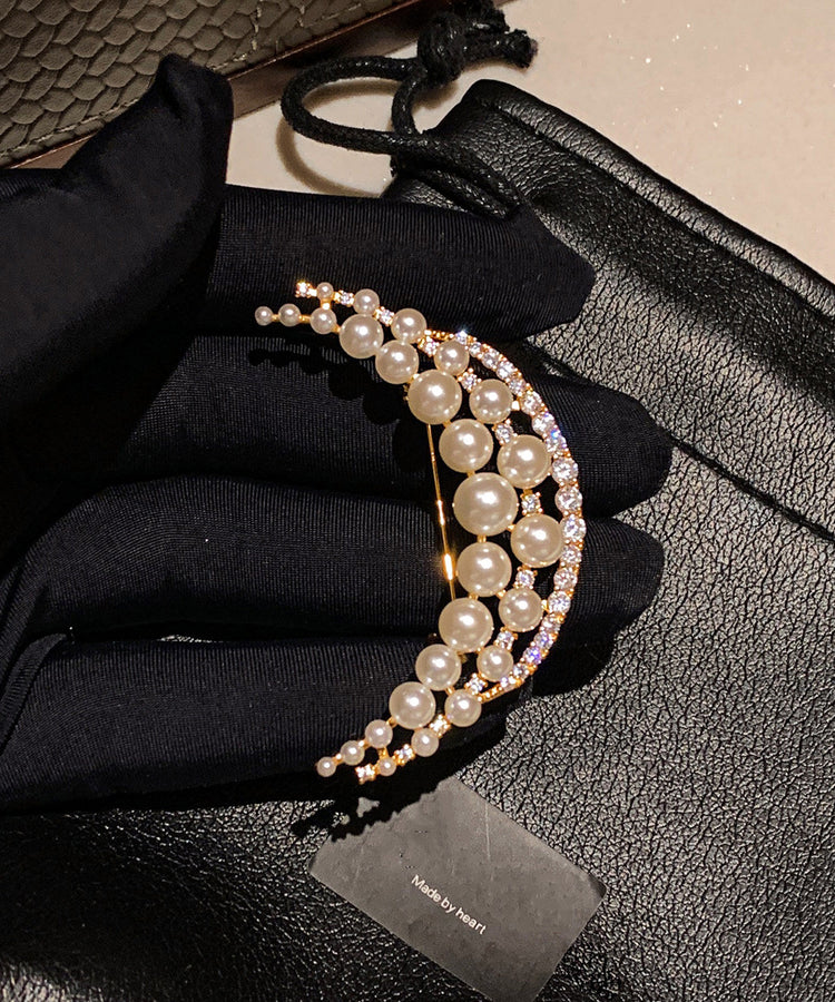 Elegant White Pearl Moon Shaped Fine Zircon Brooch - Omychic