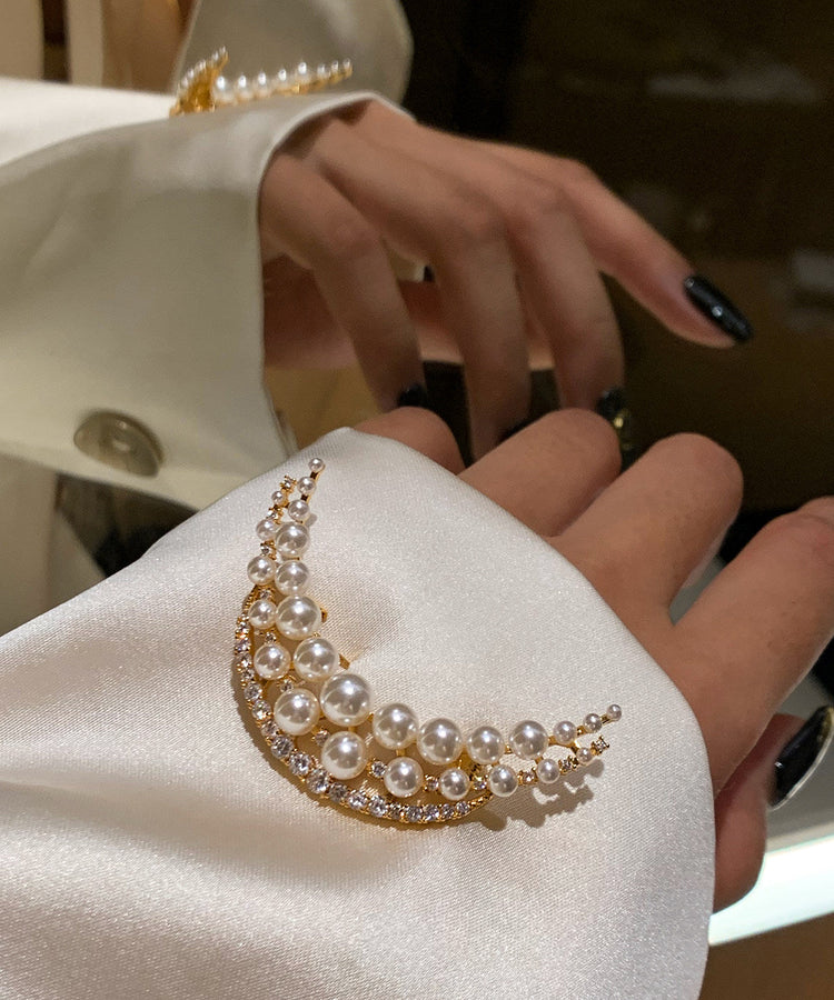Elegant White Pearl Moon Shaped Fine Zircon Brooch - Omychic