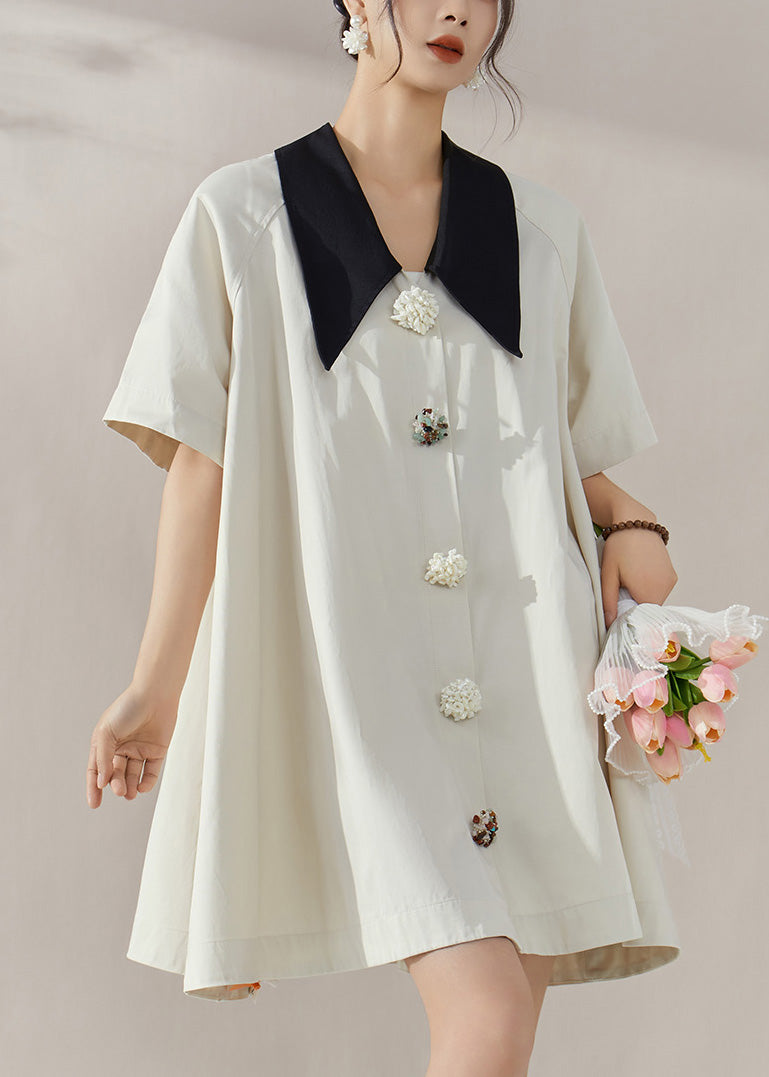 Elegant White Peter Pan Collar Button Shirts Mid Dress Summer