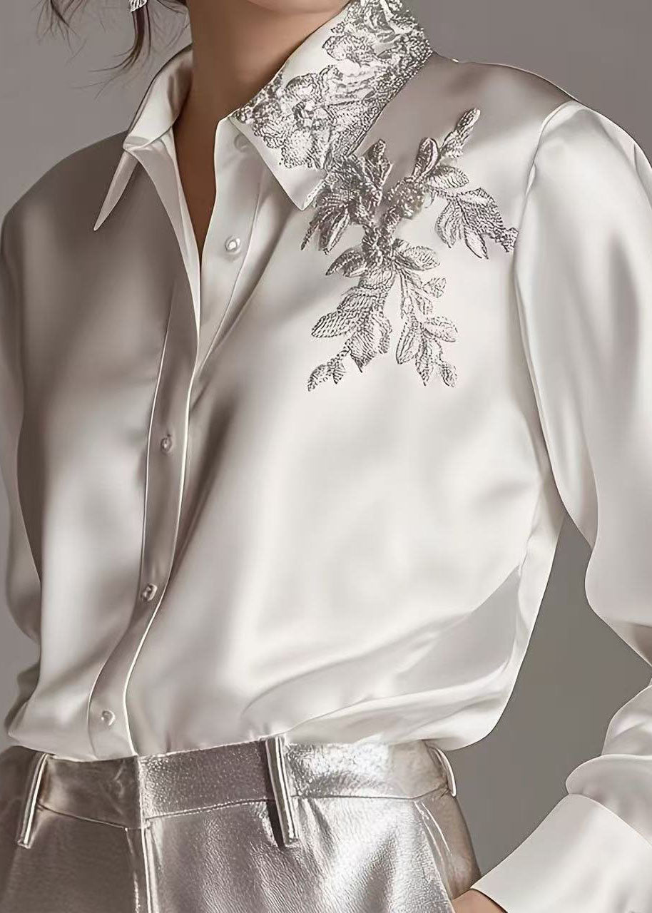 Elegant White Peter Pan Collar Embroidered Silk Shirt Top Long Sleeve