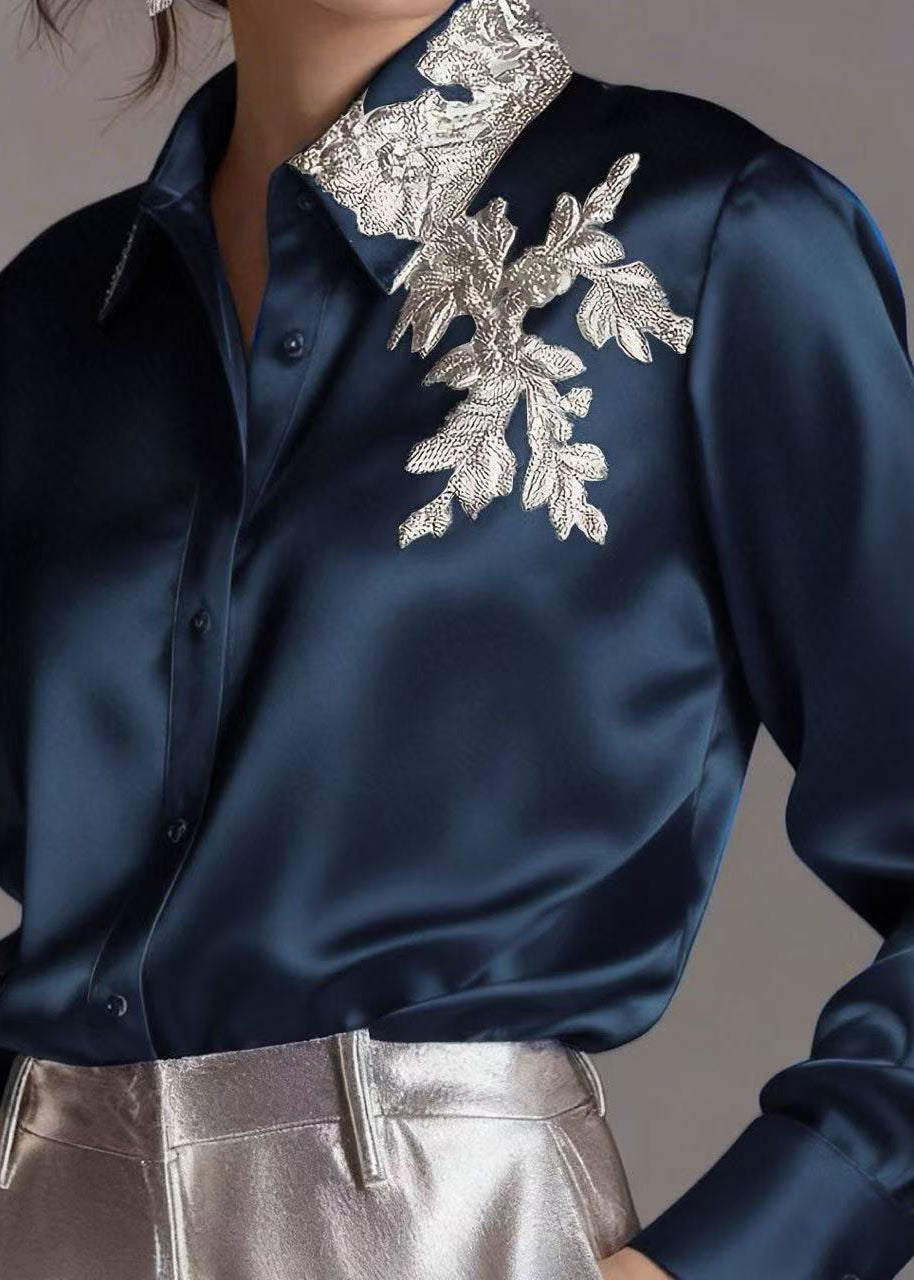 Elegant White Peter Pan Collar Embroidered Silk Shirt Top Long Sleeve