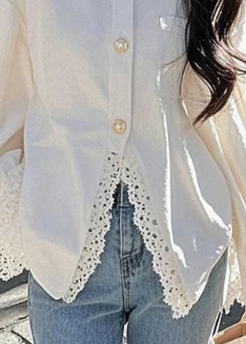 Elegant White Peter Pan Collar Lace Button Cotton Shirt Fall