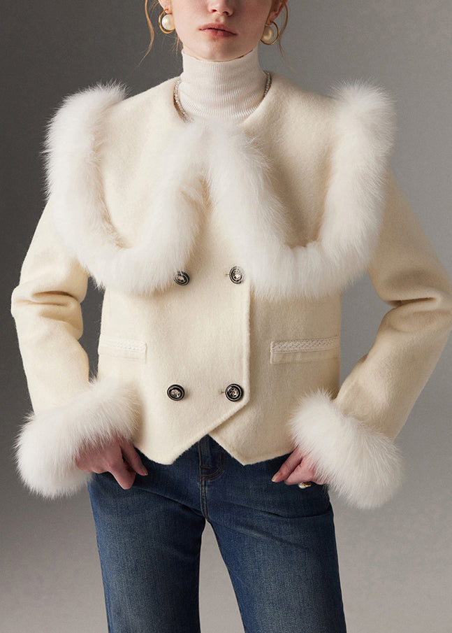 Elegant White Peter Pan Collar Patchwork Fox Fur Wool Coat Winter