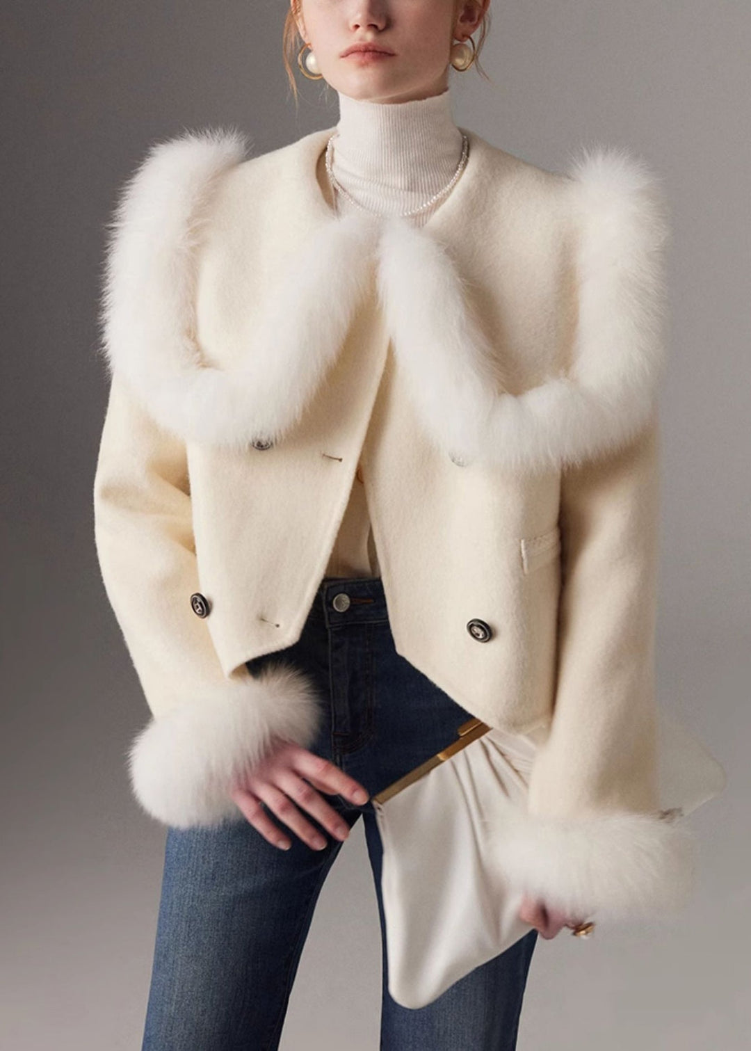 Elegant White Peter Pan Collar Patchwork Fox Fur Wool Coat Winter