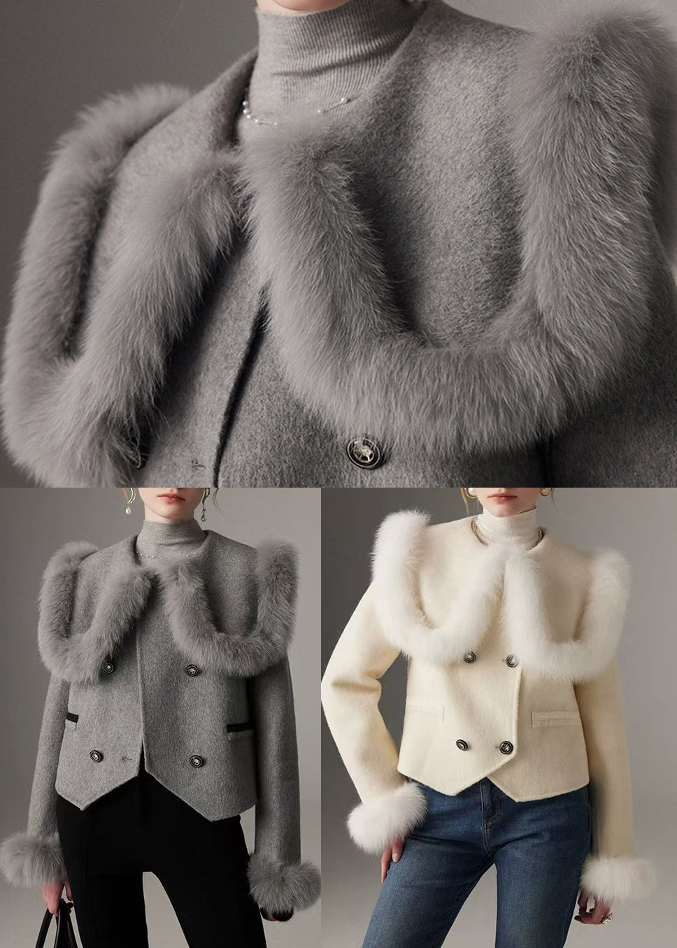 Elegant White Peter Pan Collar Patchwork Fox Fur Wool Coat Winter