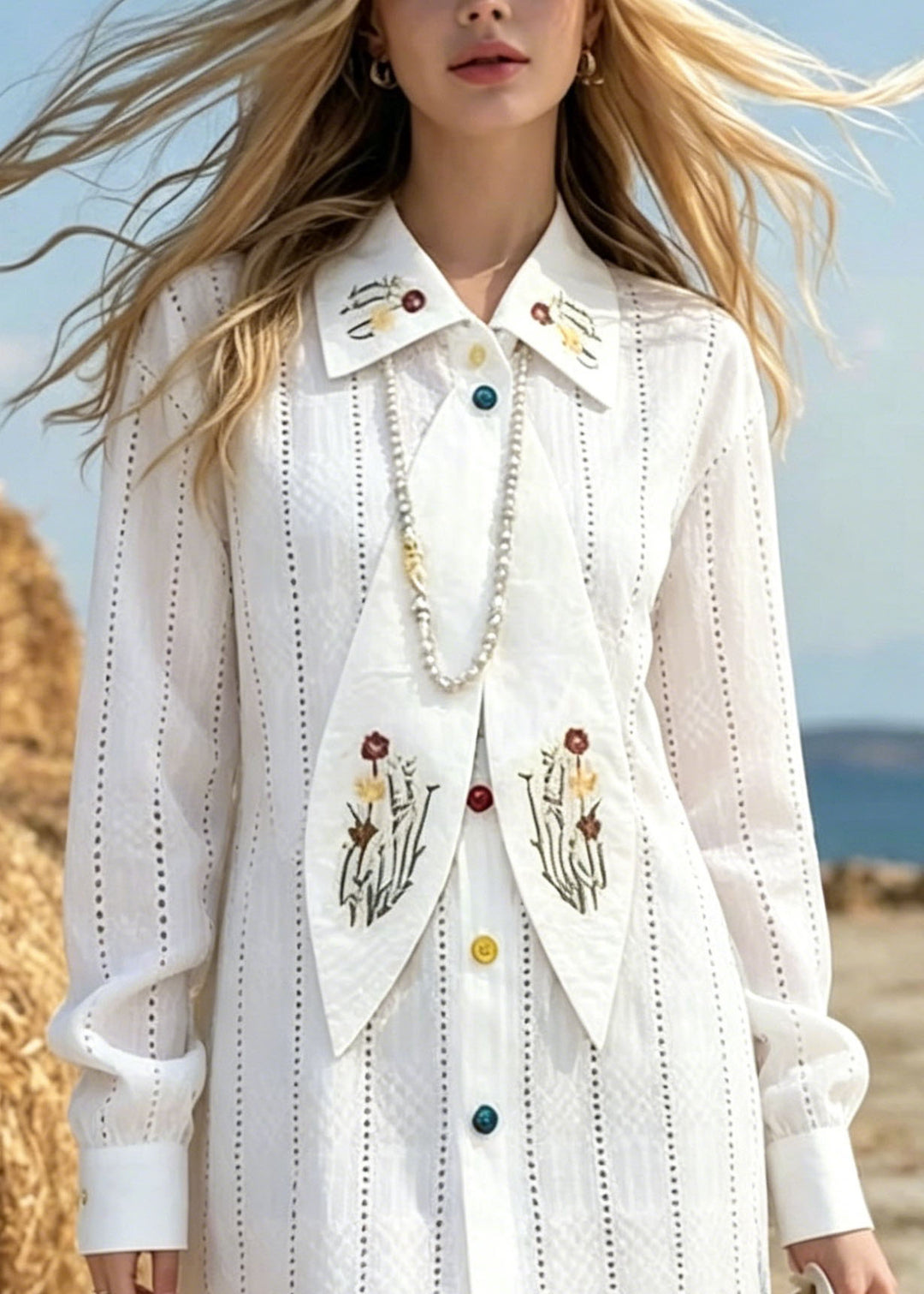 Elegant White Peter Pan Collar Print Cotton Mini Dress Spring