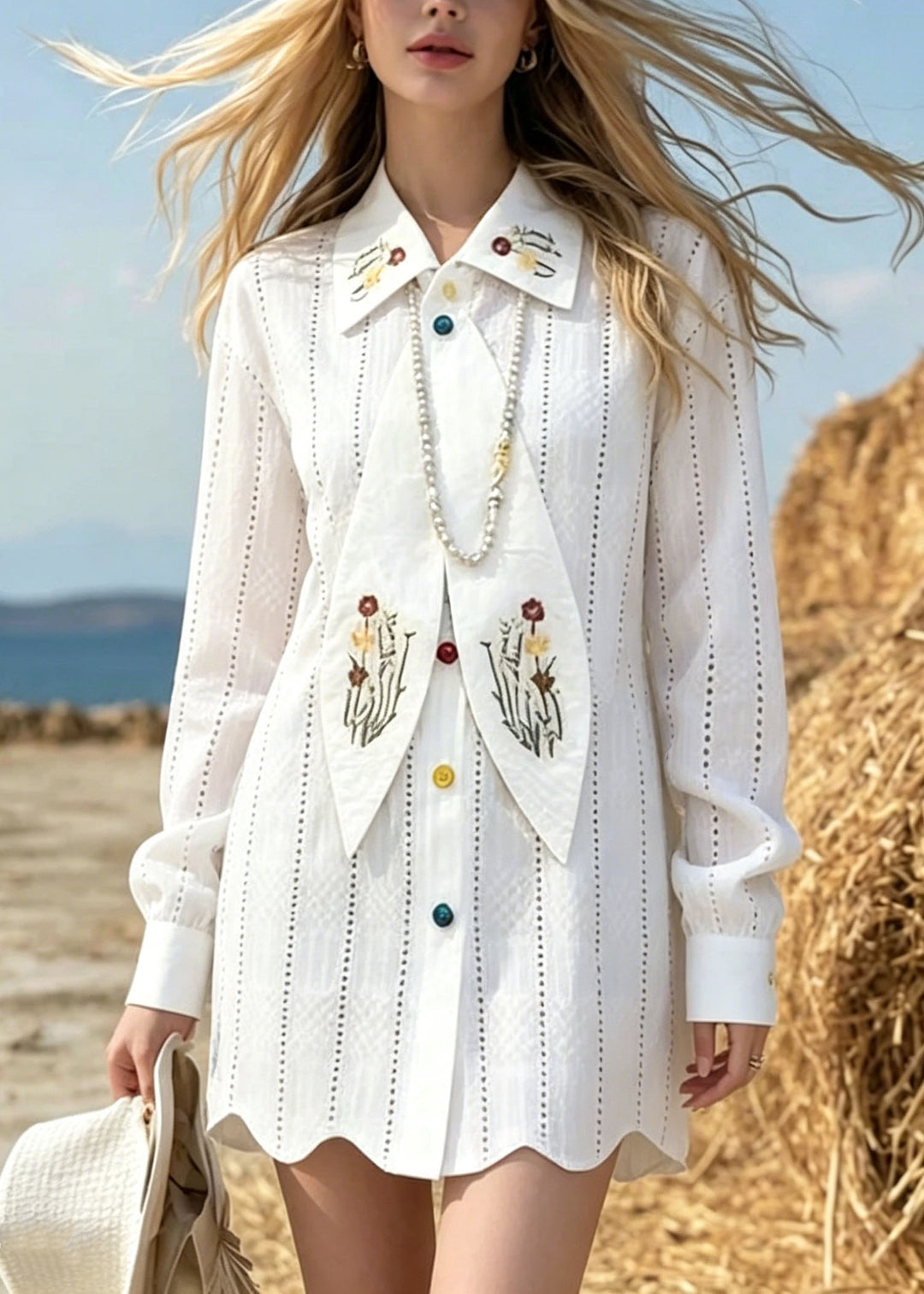 Elegant White Peter Pan Collar Print Cotton Mini Dress Spring