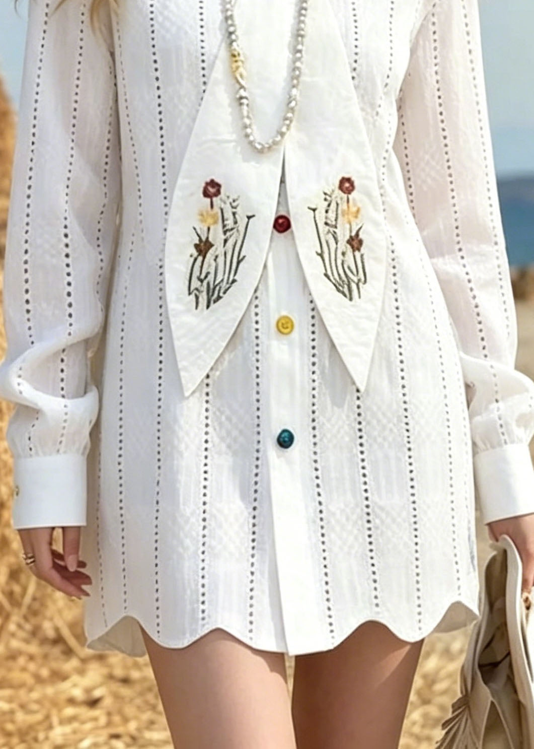 Elegant White Peter Pan Collar Print Cotton Mini Dress Spring