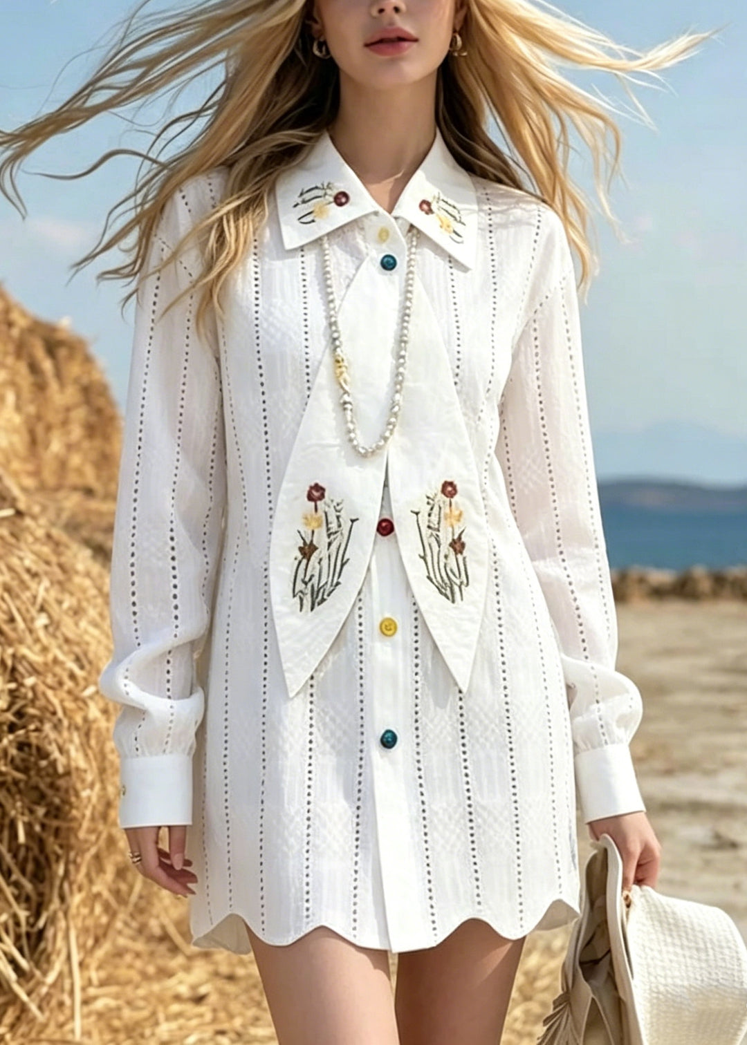 Elegant White Peter Pan Collar Print Cotton Mini Dress Spring
