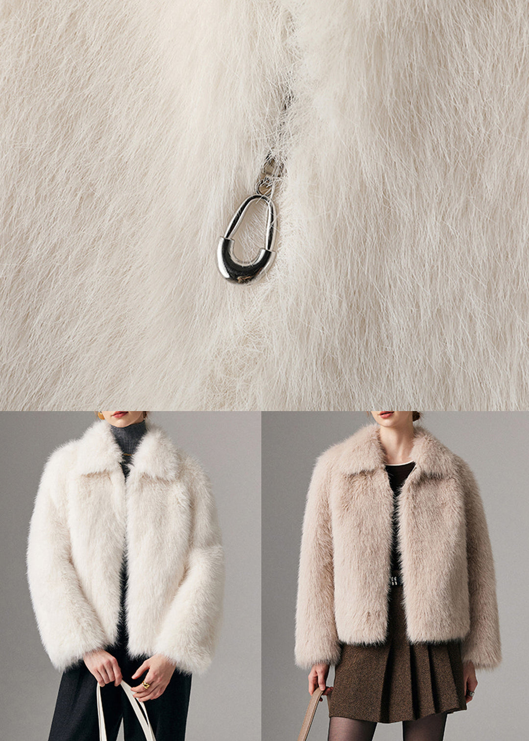 Elegant White Peter Pan Collar Zippered Leather And Fur Coats Winter