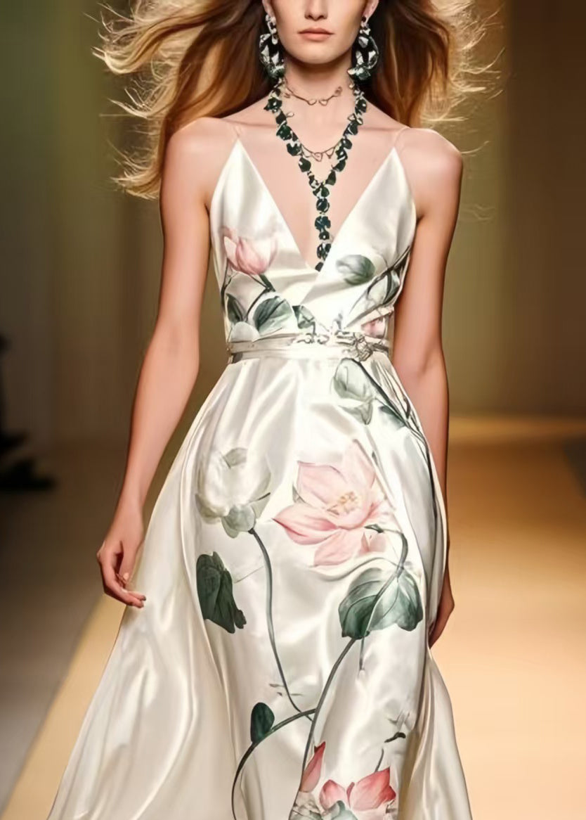 Elegant White Print Draping Silk Cami Dresses Summer