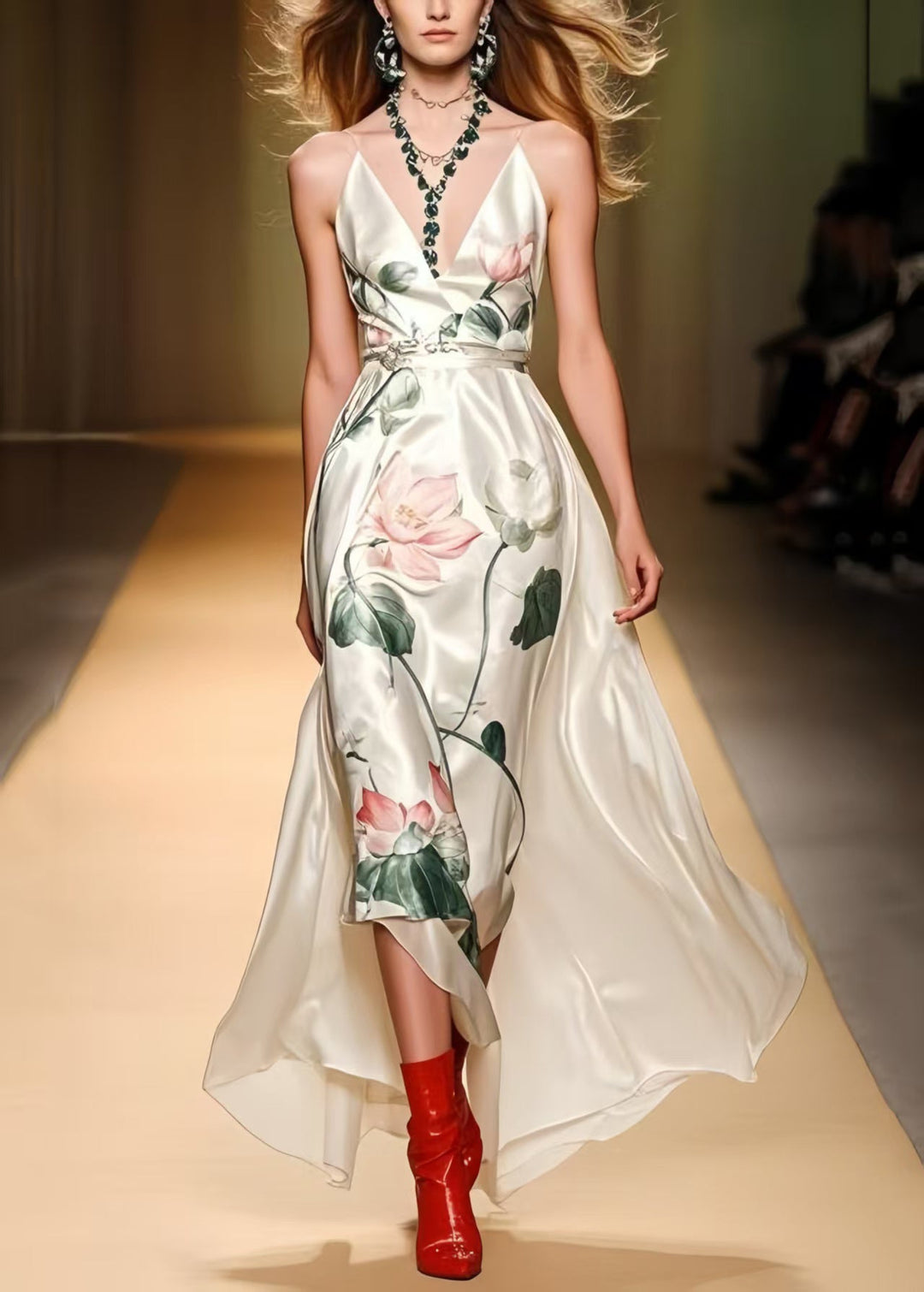 Elegant White Print Draping Silk Cami Dresses Summer