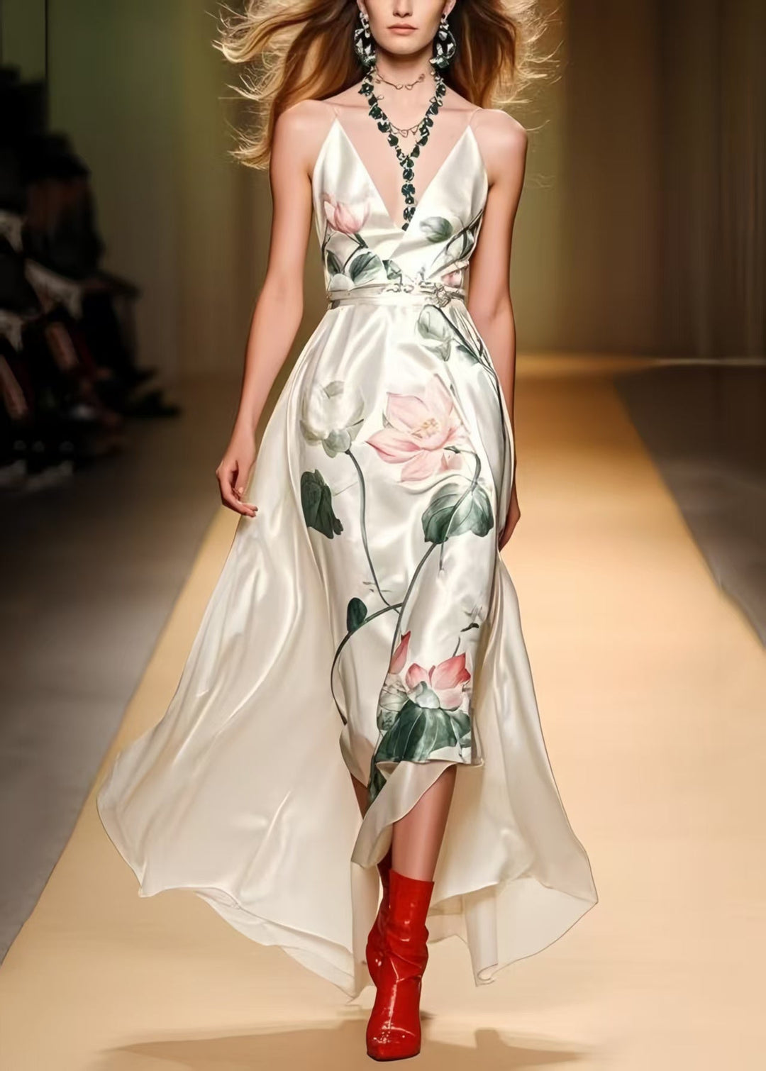 Elegant White Print Draping Silk Cami Dresses Summer