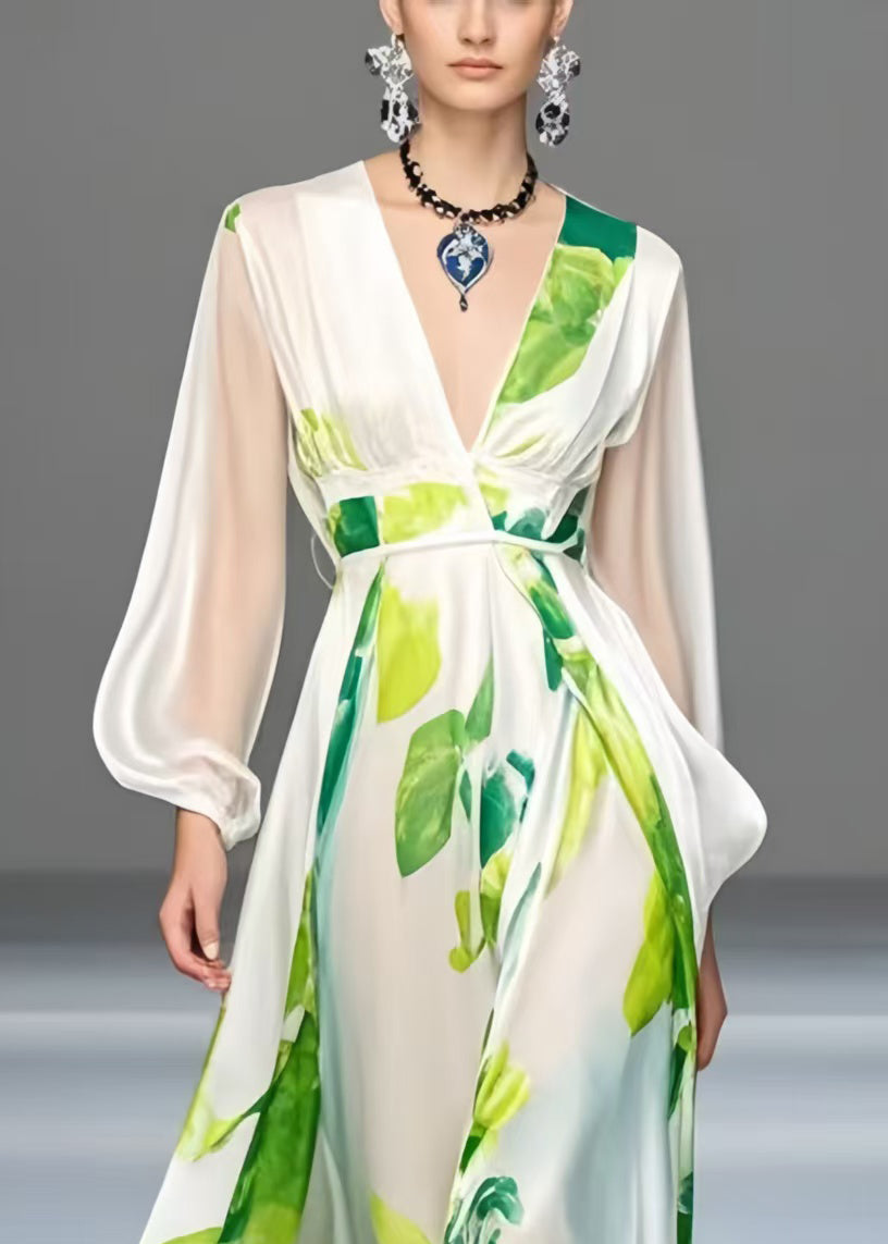 Elegant White Print Exra Large Hem Silk Robe Dresses Spring