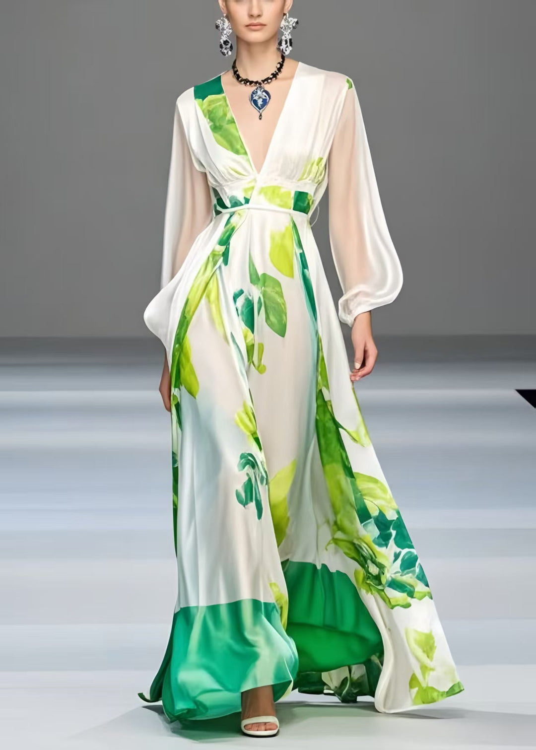 Elegant White Print Exra Large Hem Silk Robe Dresses Spring