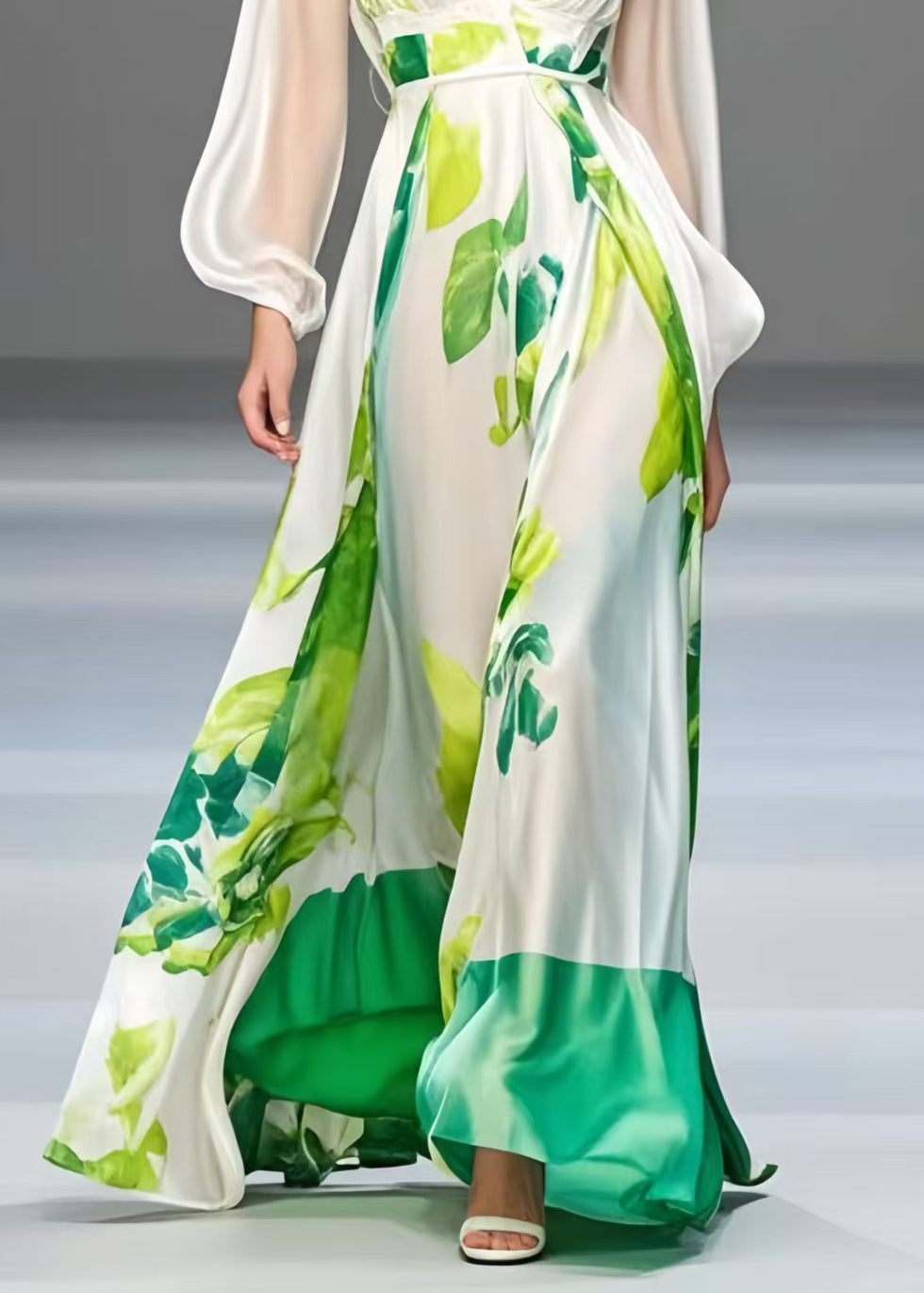 Elegant White Print Exra Large Hem Silk Robe Dresses Spring