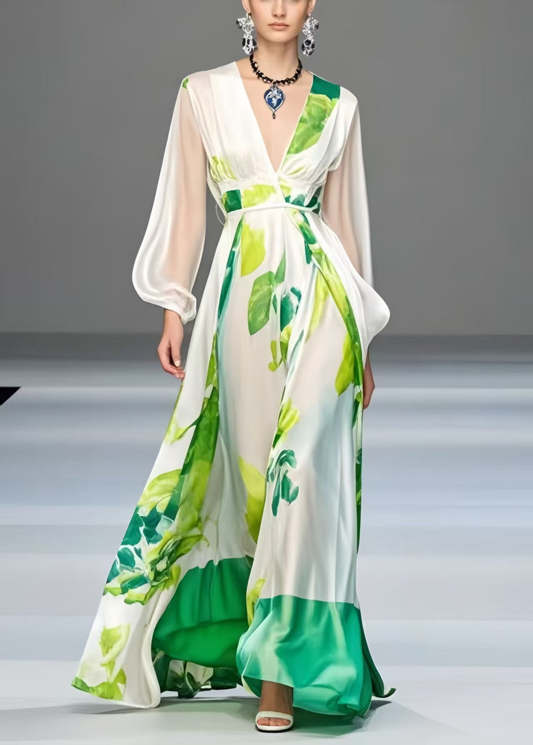 Elegant White Print Exra Large Hem Silk Robe Dresses Spring