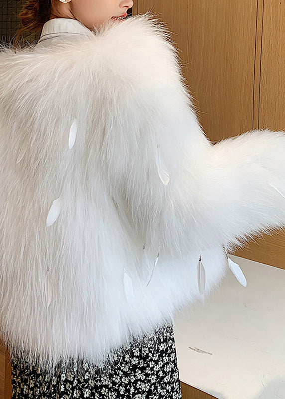 Elegant White Raccoon Hair Collar Feather Tassel Leather And Fur Coats Winter