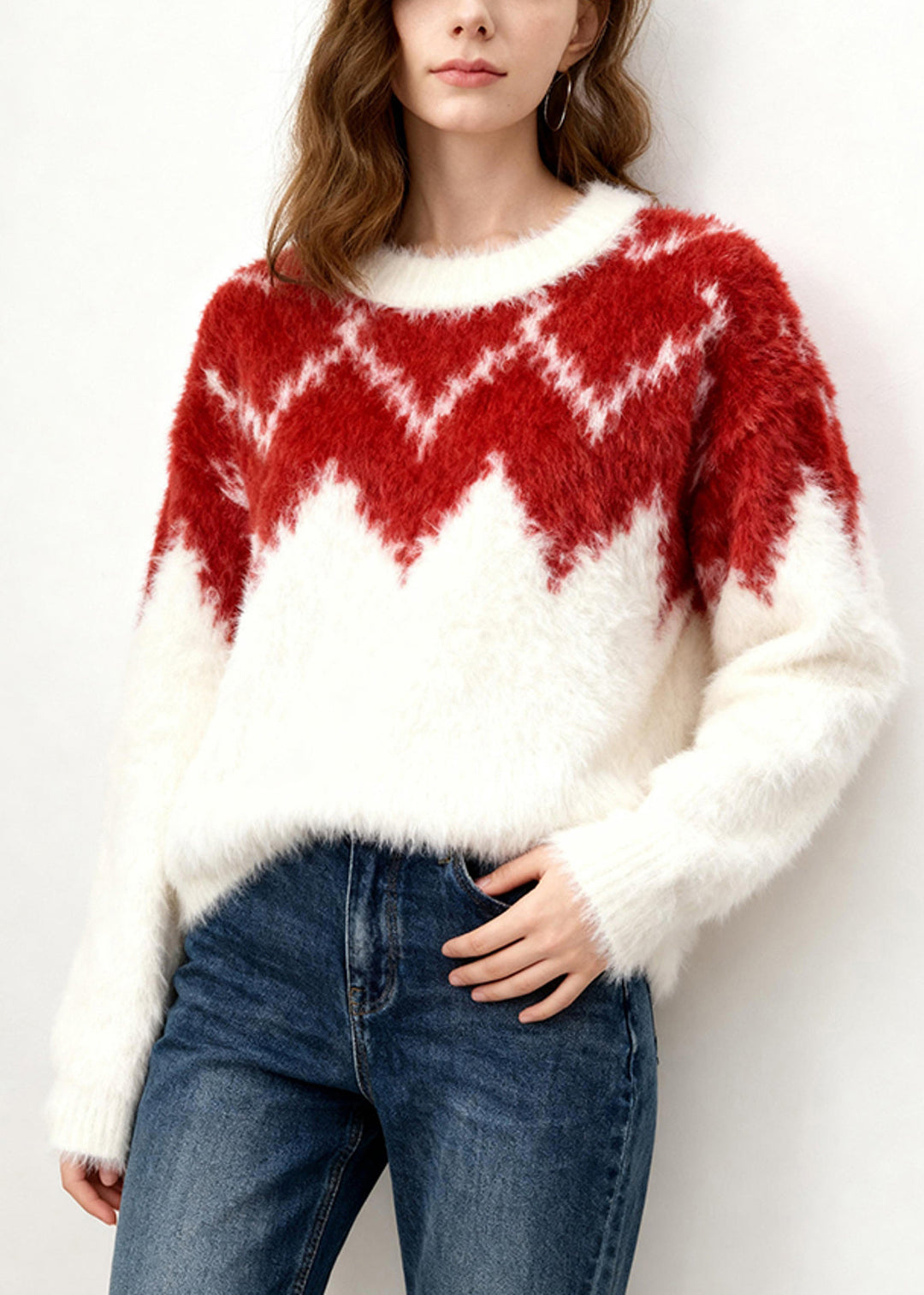 Elegant White Red Patchwork O-Neck Print Cotton Knitted Sweater Long Sleeve