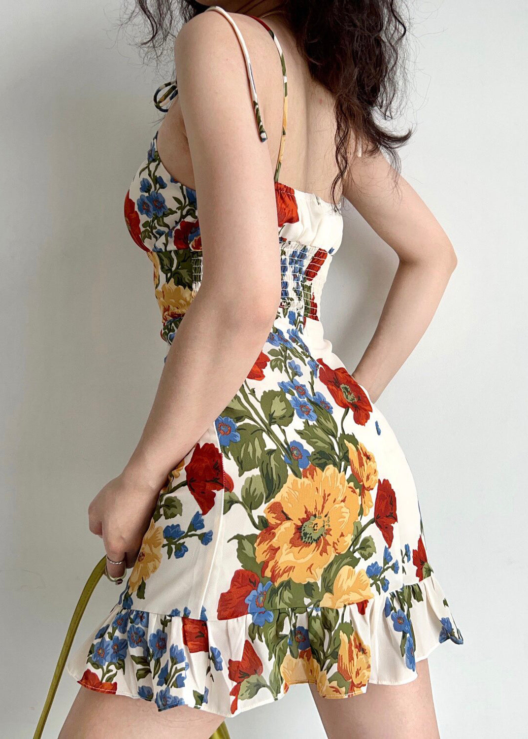 Elegant White Ruffled Floral Print Chiffon Mini Dress Summer
