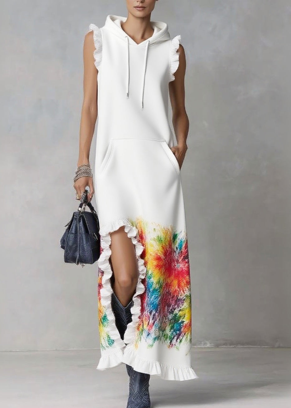 Elegant White Ruffled Print Drawstring Vacation Hooded Dresses Summer - Omychic